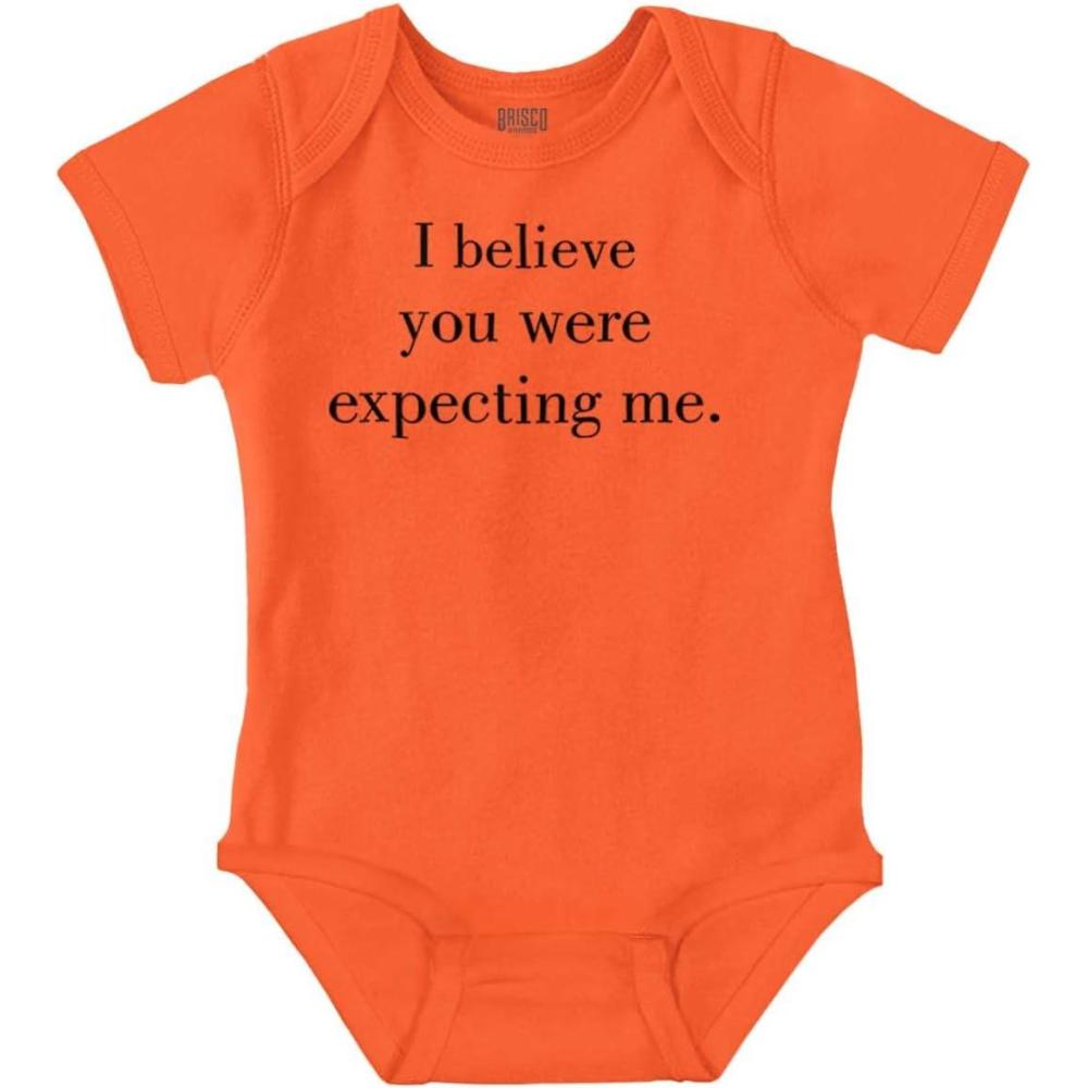 imageBrisco Brands I Believe You Were Expecting Me Baby Romper Boys or GirlsOrange