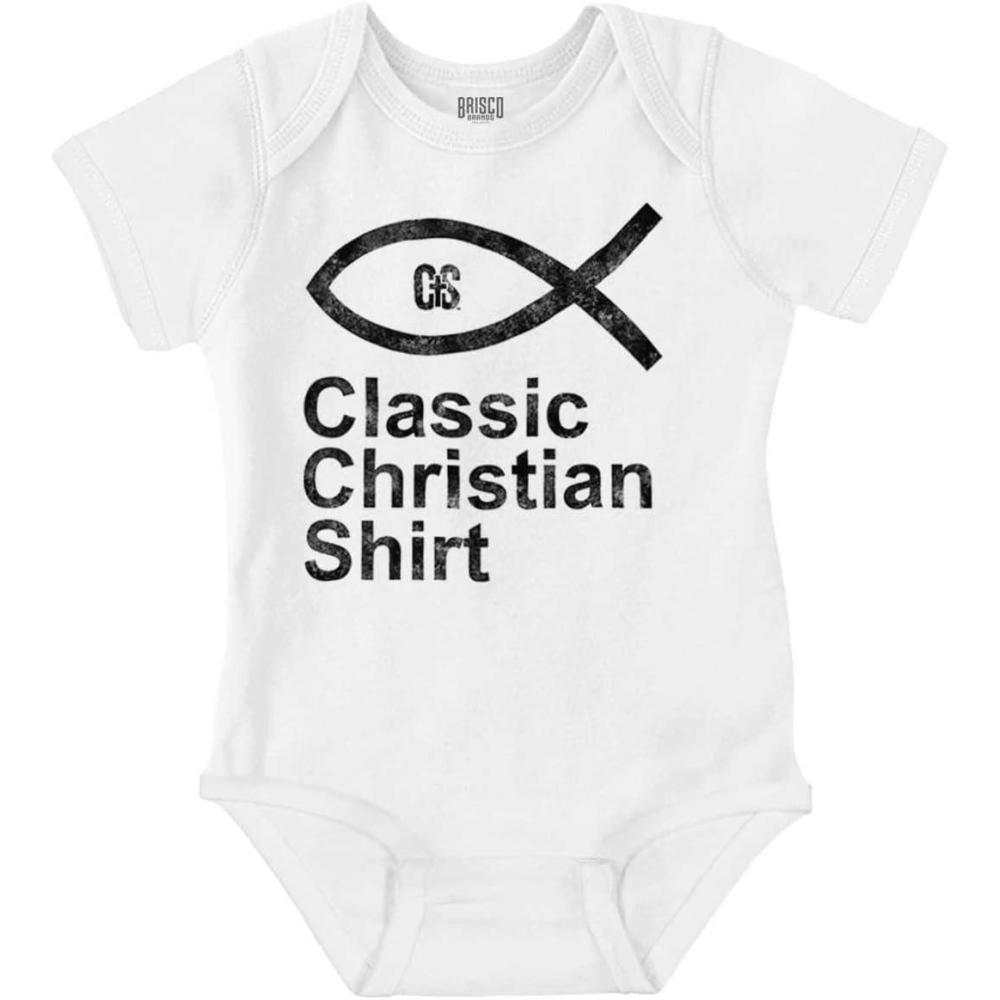 imageBrisco Brands Jesus Fish Christian Faith Ichthys Baby Romper Boys or GirlsWhite