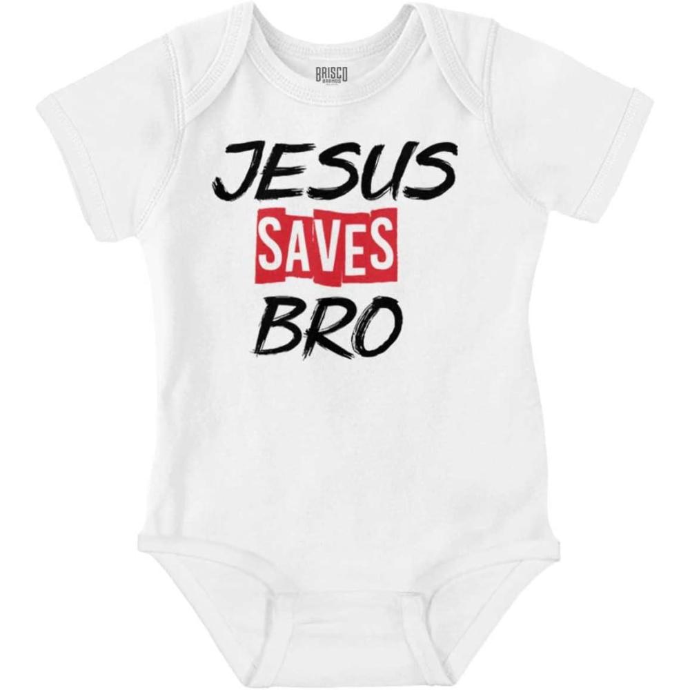imageBrisco Brands Jesus Saves Bro Funny Christian Baby Romper Boys or GirlsWhite