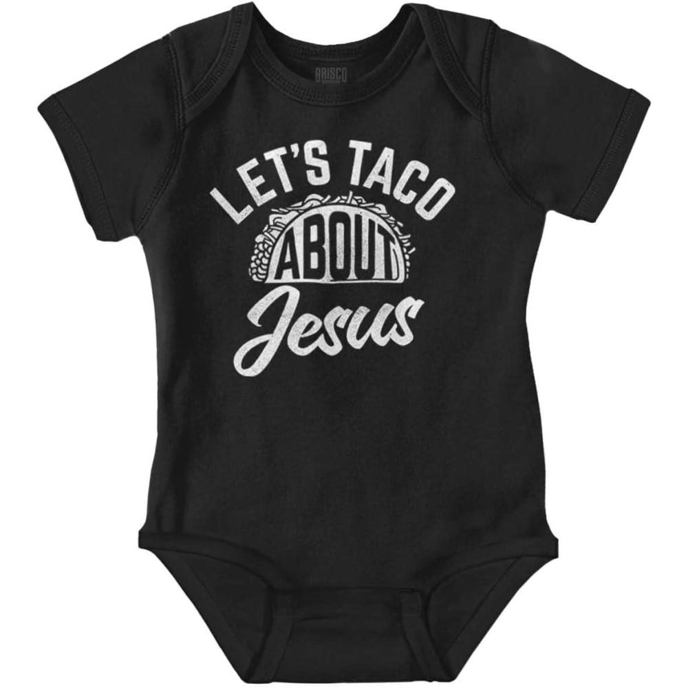 imageBrisco Brands Lets Taco About Jesus Food Pun Baby Romper Boys or GirlsBlack