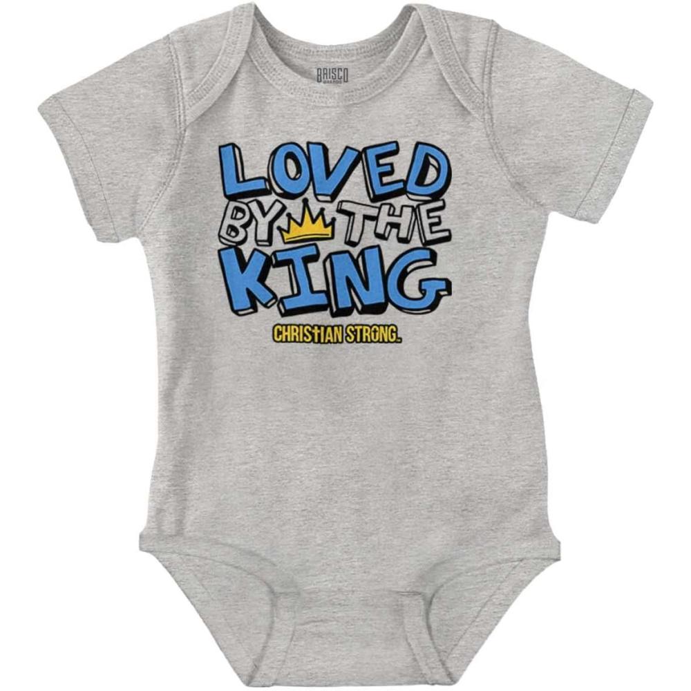 imageBrisco Brands Loved By The King Christian Strong Baby Romper Boys or GirlsHeather