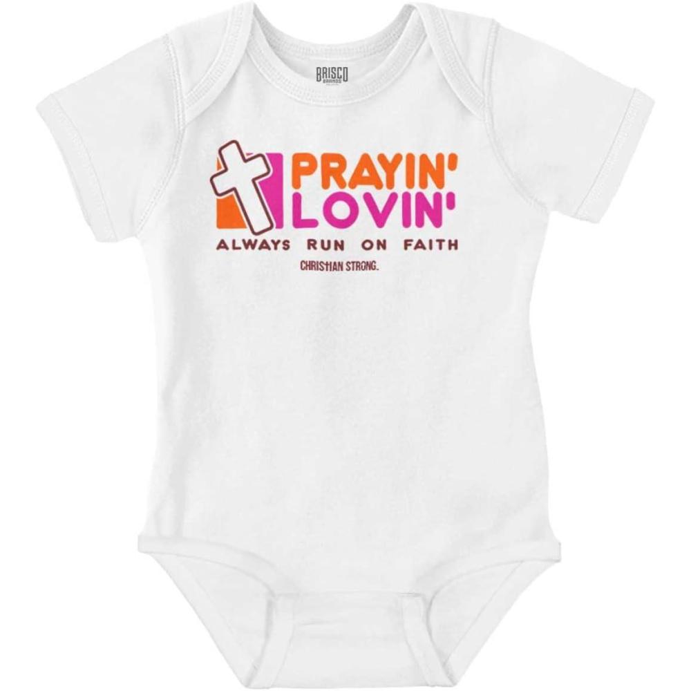 imageBrisco Brands Praying Loving Running on Faith Jesus Baby Romper Boys or GirlsWhite