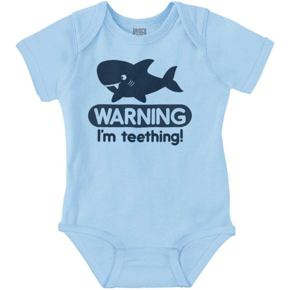 imageBrisco Brands Warning Im Teething Funny Shark Baby Bodysuit Jumper BoysLight Blue