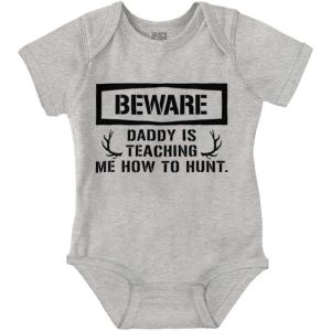 Brisco Brands Beware Daddy Teaching Me to Hunt Baby Romper Boys or Girls(Heather)
