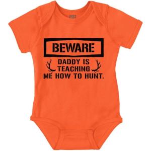 Brisco Brands Beware Daddy Teaching Me to Hunt Baby Romper Boys or Girls(Orange)