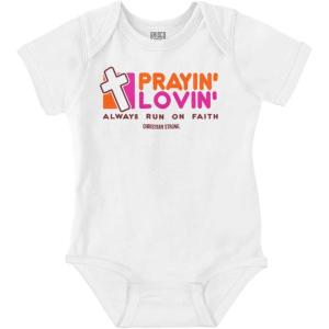 Brisco Brands Praying Loving Running on Faith Jesus Baby Romper Boys or Girls(White)