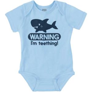 Brisco Brands Warning I’m Teething Funny Shark Baby Bodysuit Jumper Boys(Light Blue)
