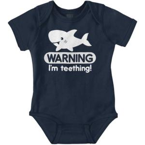 Brisco Brands Warning I’m Teething Funny Shark Baby Bodysuit Jumper Boys(Navy)