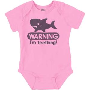 Brisco Brands Warning I’m Teething Funny Shark Baby Bodysuit Jumper Boys(Pink)
