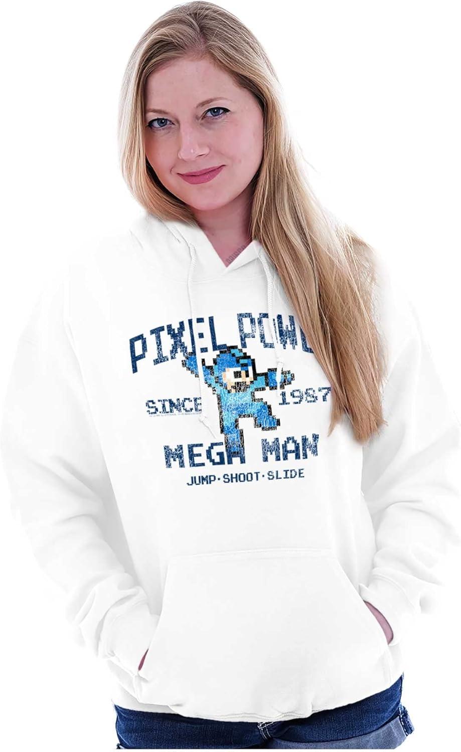imageBrisco Brands Mega Man Pixel Power 80s 8bit Gamer Hoodie Sweatshirt Women MenWhite