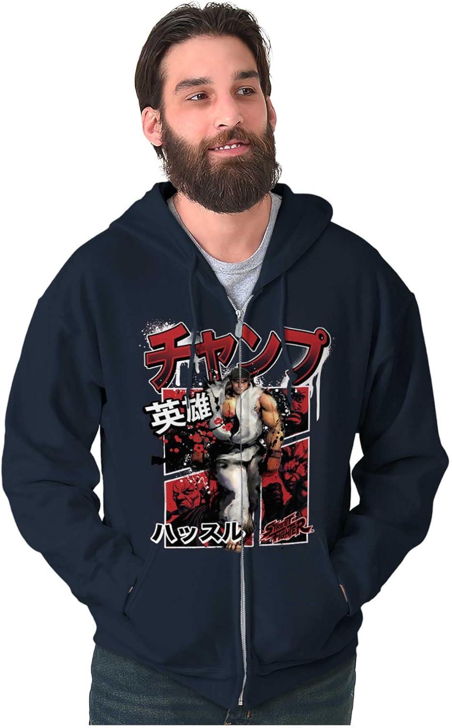 imageBrisco Brands Retro Kanji Street Fighter Ryu Zip Hoodie Sweatshirt MenNavy