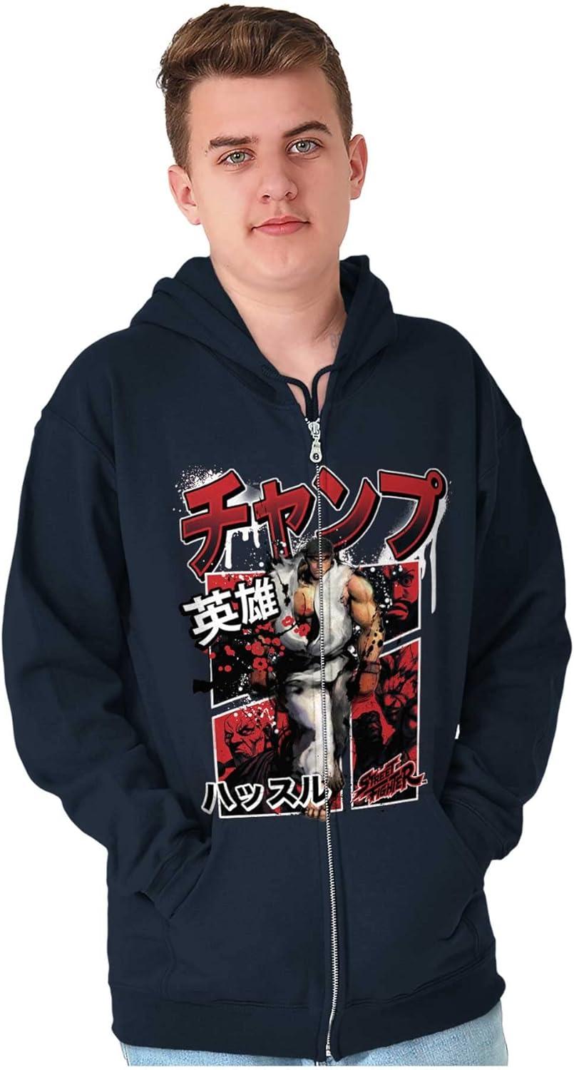 imageBrisco Brands Retro Kanji Street Fighter Ryu Zip Hoodie Sweatshirt MenNavy