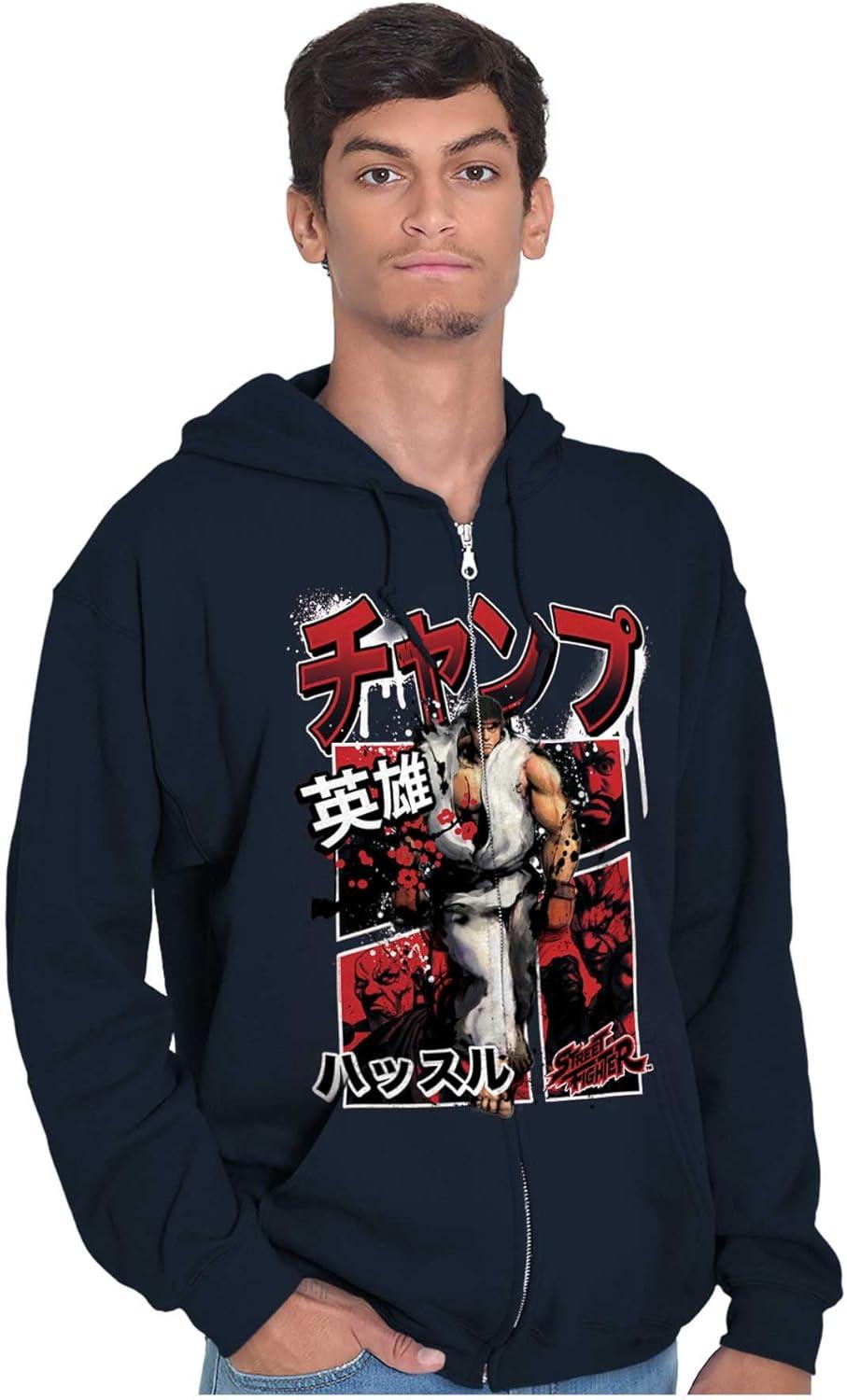 imageBrisco Brands Retro Kanji Street Fighter Ryu Zip Hoodie Sweatshirt MenNavy