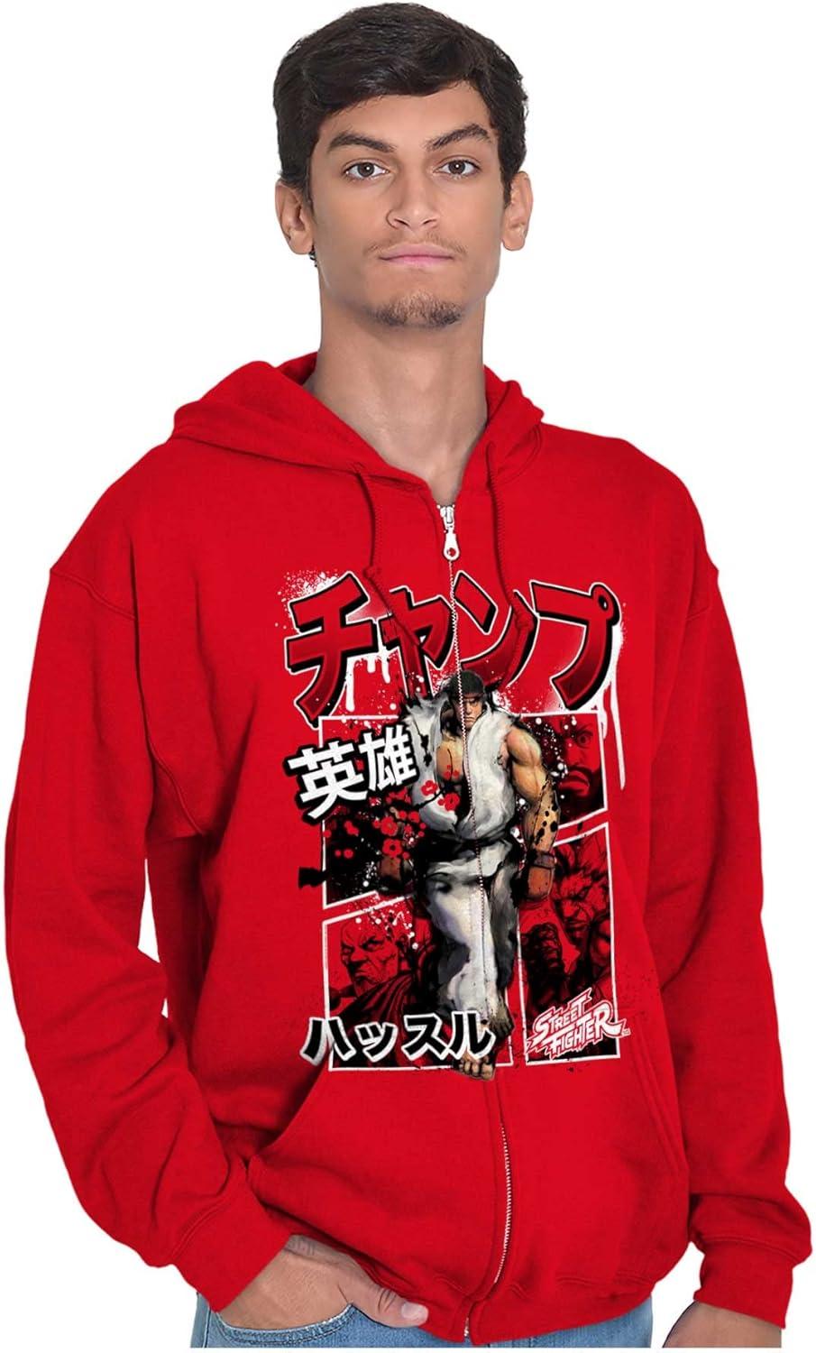 imageBrisco Brands Retro Kanji Street Fighter Ryu Zip Hoodie Sweatshirt MenRed