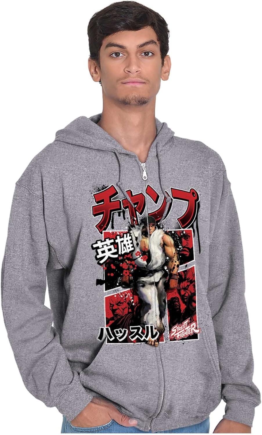 imageBrisco Brands Retro Kanji Street Fighter Ryu Zip Hoodie Sweatshirt MenSport Grey