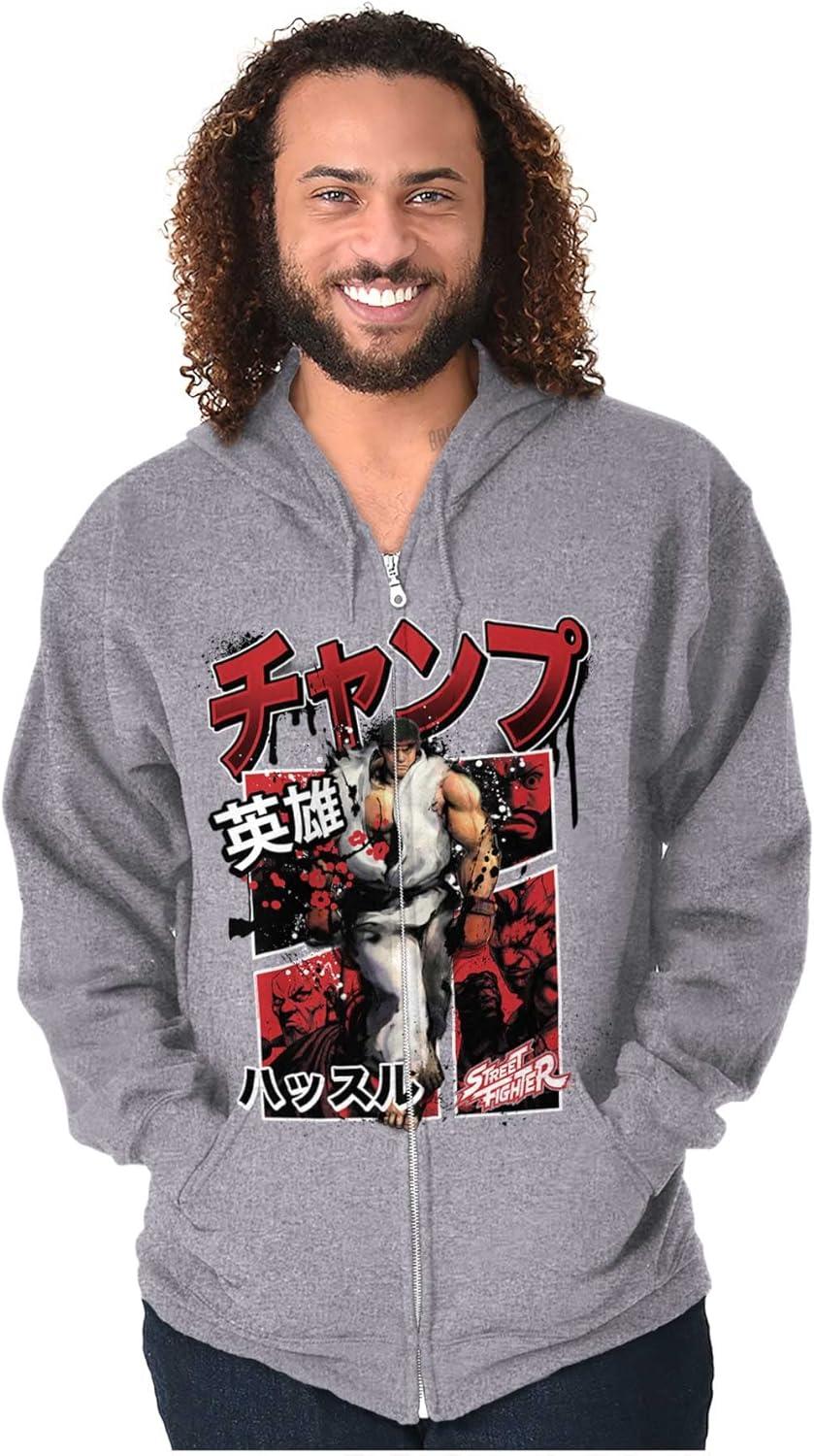 imageBrisco Brands Retro Kanji Street Fighter Ryu Zip Hoodie Sweatshirt MenSport Grey
