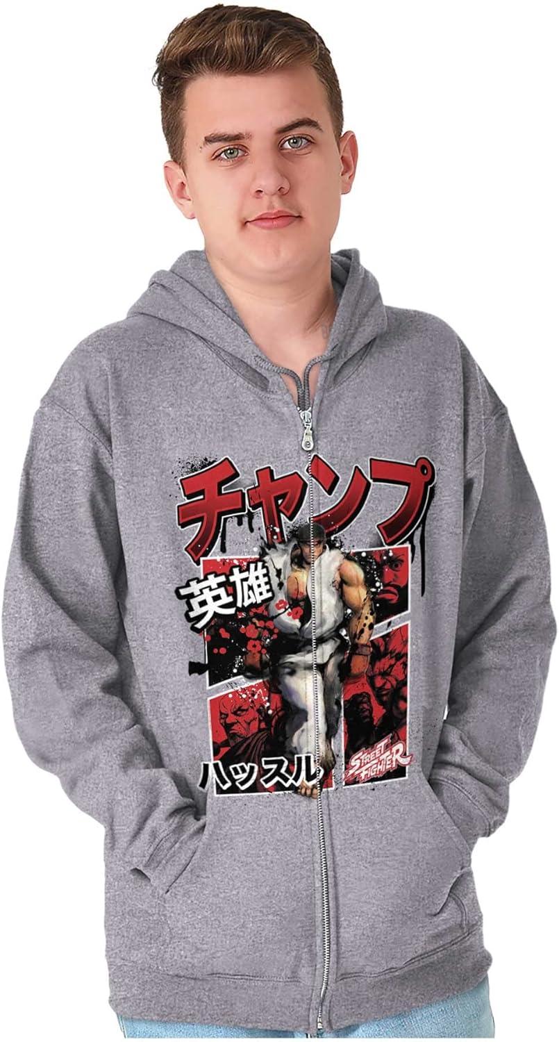 imageBrisco Brands Retro Kanji Street Fighter Ryu Zip Hoodie Sweatshirt MenSport Grey