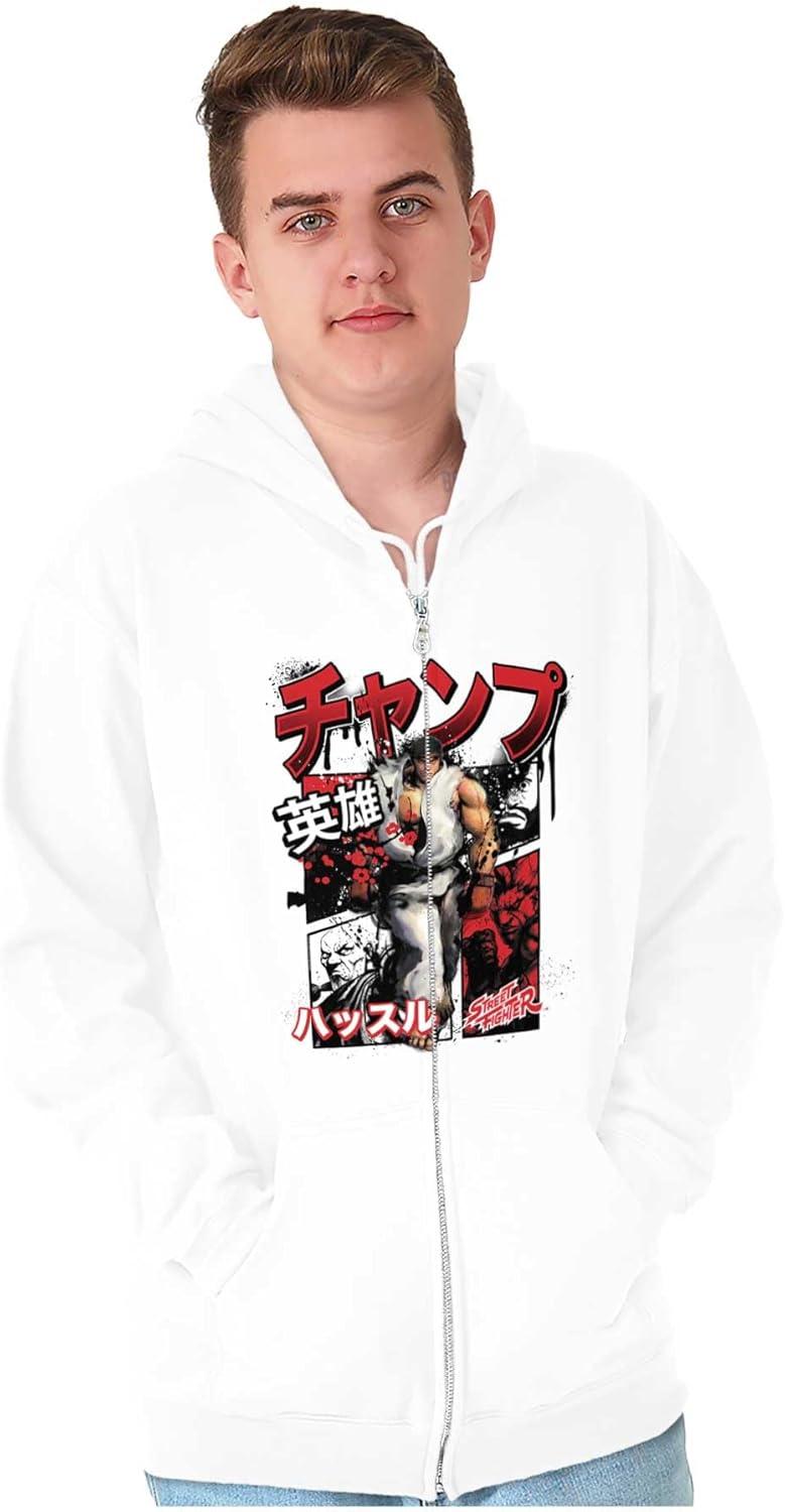 imageBrisco Brands Retro Kanji Street Fighter Ryu Zip Hoodie Sweatshirt MenWhite