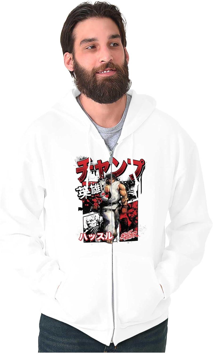 imageBrisco Brands Retro Kanji Street Fighter Ryu Zip Hoodie Sweatshirt MenWhite