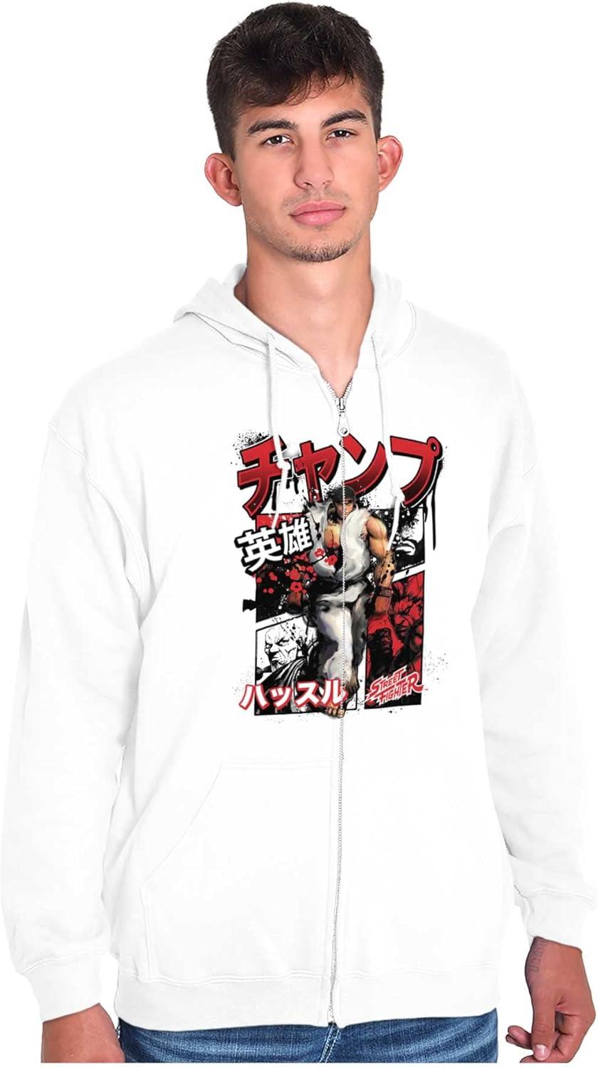 imageBrisco Brands Retro Kanji Street Fighter Ryu Zip Hoodie Sweatshirt MenWhite