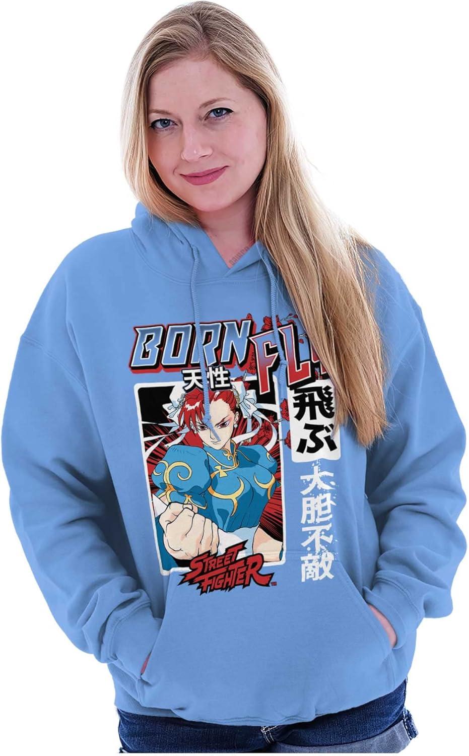 imageBrisco Brands Street Fighter Chun Li Born Fly Hoodie Sweatshirt Women MenCarolina Blue