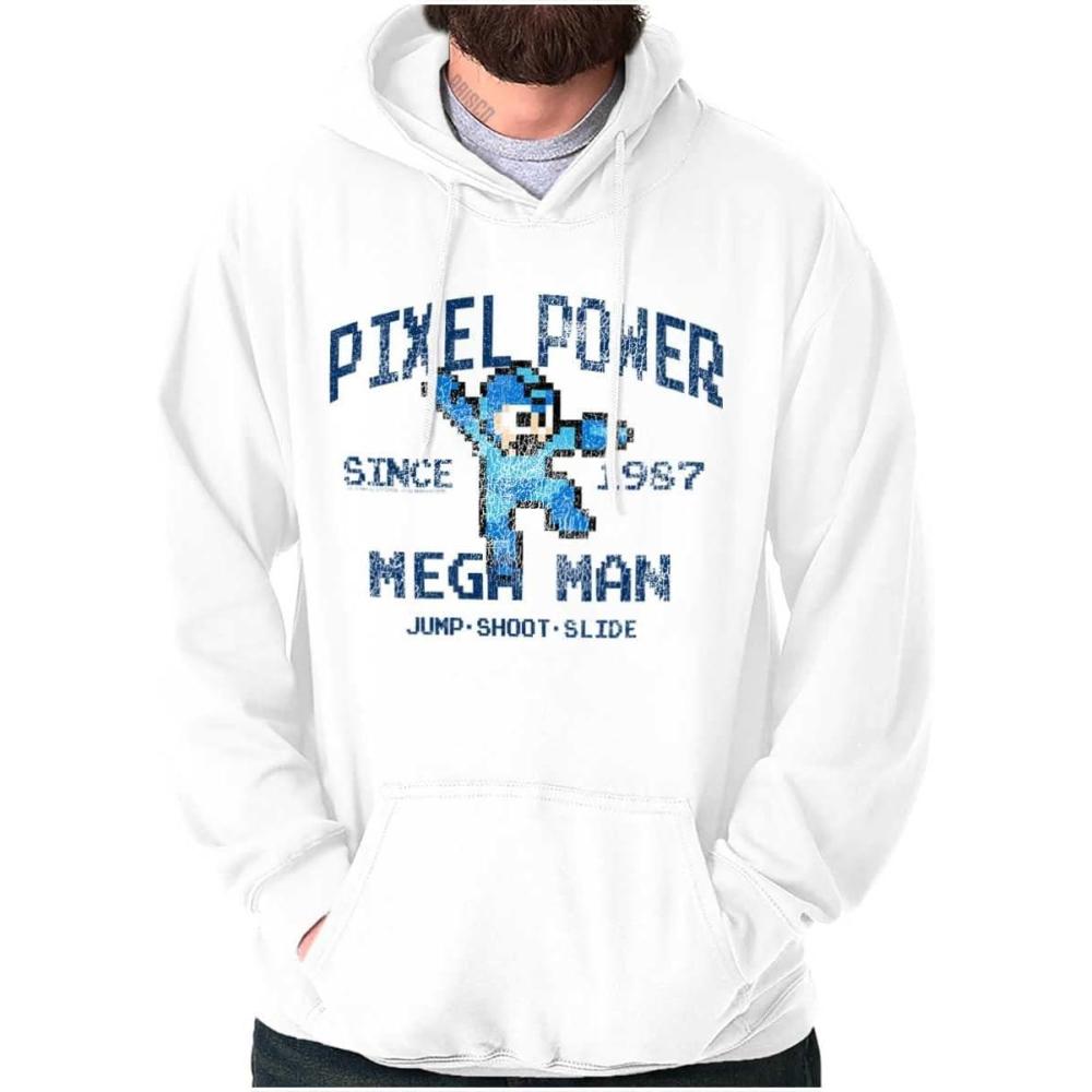 imageBrisco Brands Mega Man Pixel Power 80s 8bit Gamer Hoodie Sweatshirt Women MenWhite