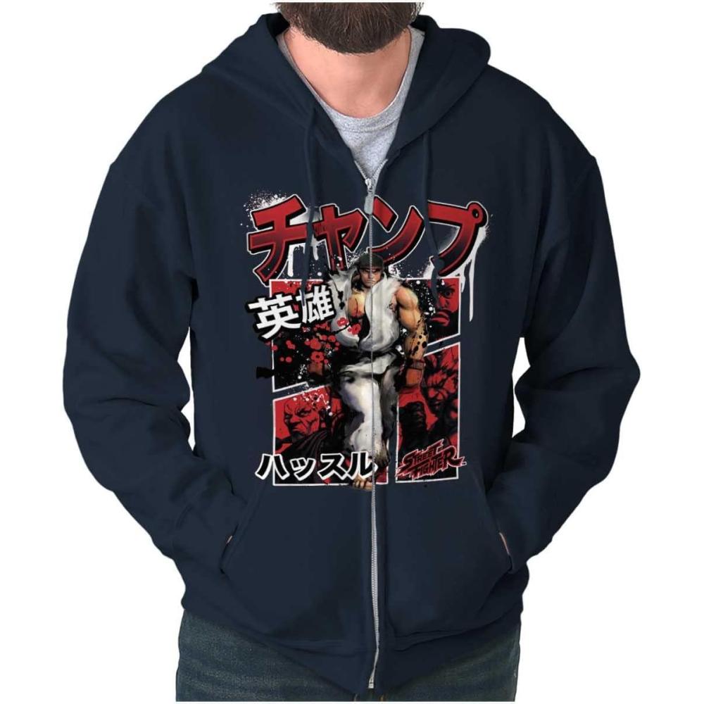 imageBrisco Brands Retro Kanji Street Fighter Ryu Zip Hoodie Sweatshirt MenNavy