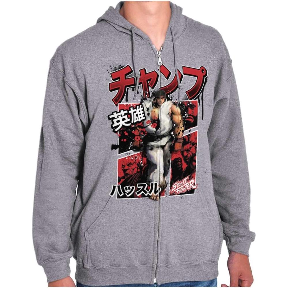 imageBrisco Brands Retro Kanji Street Fighter Ryu Zip Hoodie Sweatshirt MenSport Grey