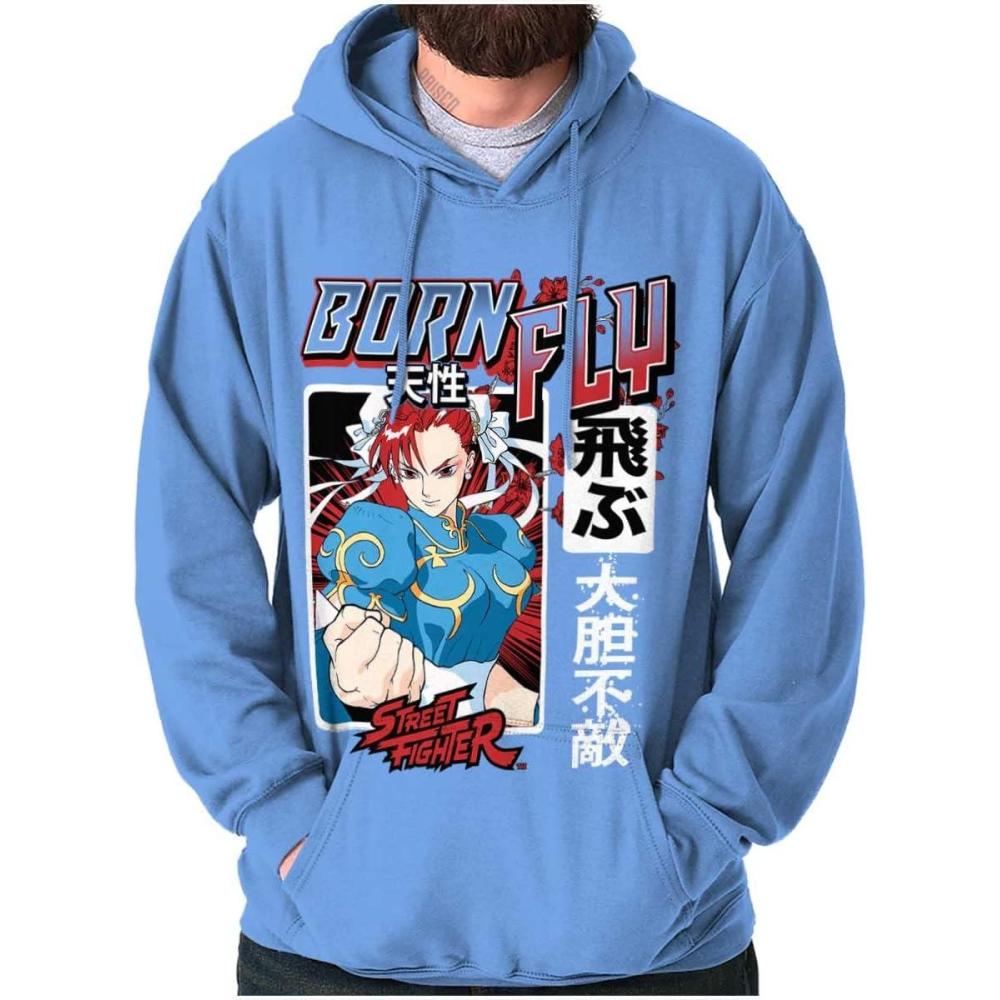 imageBrisco Brands Street Fighter Chun Li Born Fly Hoodie Sweatshirt Women MenCarolina Blue