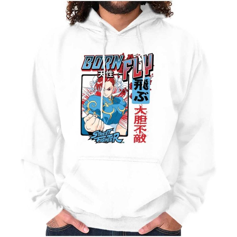 imageBrisco Brands Street Fighter Chun Li Born Fly Hoodie Sweatshirt Women MenWhite