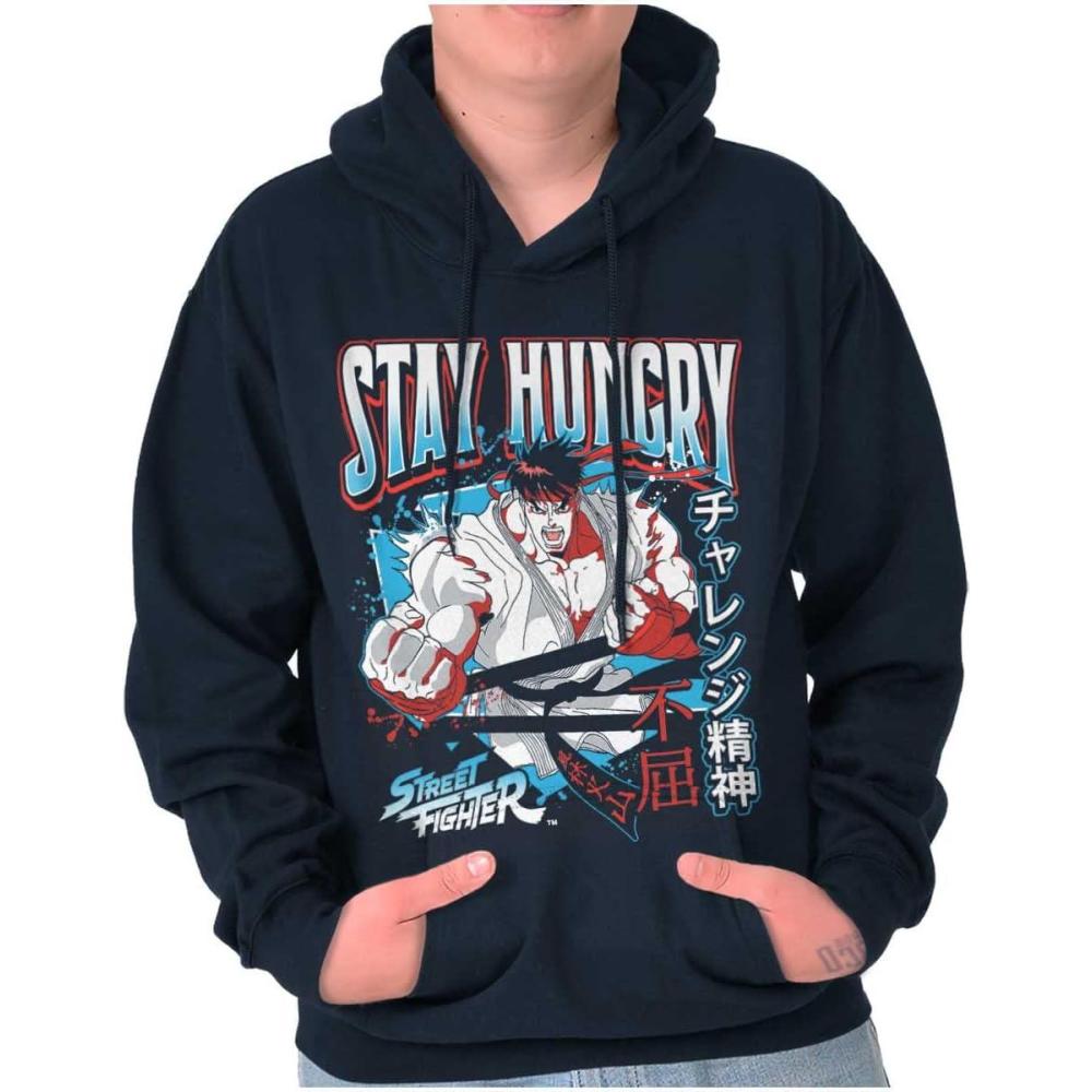 imageBrisco Brands Street Fighter Ryu Stay Hungry Hoodie Hooded Sweatshirt MenNavy