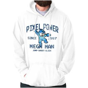 Brisco Brands Mega Man Pixel Power 80s 8bit Gamer Hoodie Sweatshirt Women Men(White)
