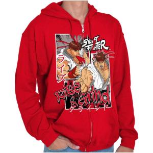 Brisco Brands Street Fighter Rise and Grind Ryu Zip Hoodie Sweatshirt Men(Red)