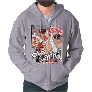 Brisco Brands Street Fighter Rise and Grind Ryu Zip Hoodie Sweatshirt Men(Sport Grey)