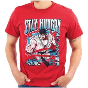 Brisco Brands Street Fighter Ryu Stay Hungry Mens Graphic T Shirt Tees(Red)