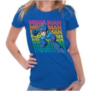 Mega Man 90s Anime Cartoon Character Womens Slim Fit Graphic Tee(Royal)