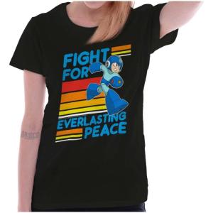 Mega Man 90s Gamer Anime Character Womens Slim Fit Graphic Tee(Black)