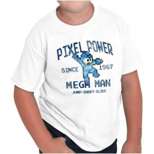 Mega Man Pixel Power 80s 8bit Gamer Crewneck T Shirts Boy Girl(White)