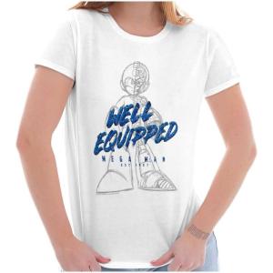 Mega Man Retro 1990s Anime Cartoon Womens Slim Fit Graphic Tee(White)