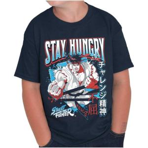Street Fighter Ryu Stay Hungry Boys Kids T Shirt Tees Tops(Navy)