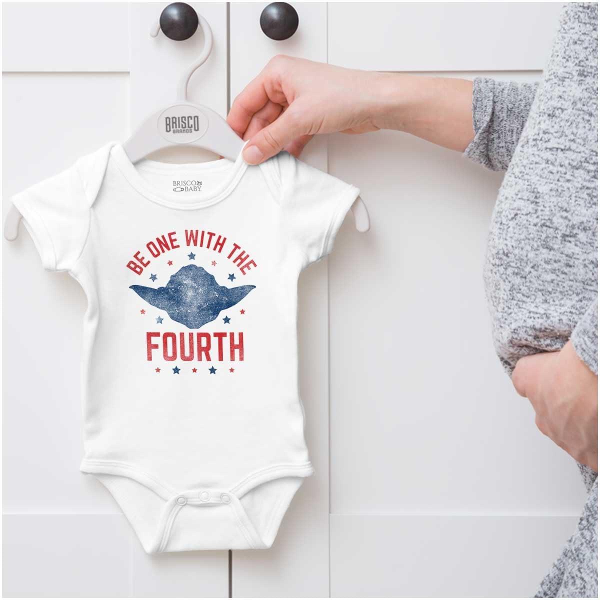 imageBrisco Brands Be One With The Fourth America Pun Baby Romper Boys or GirlsWhite