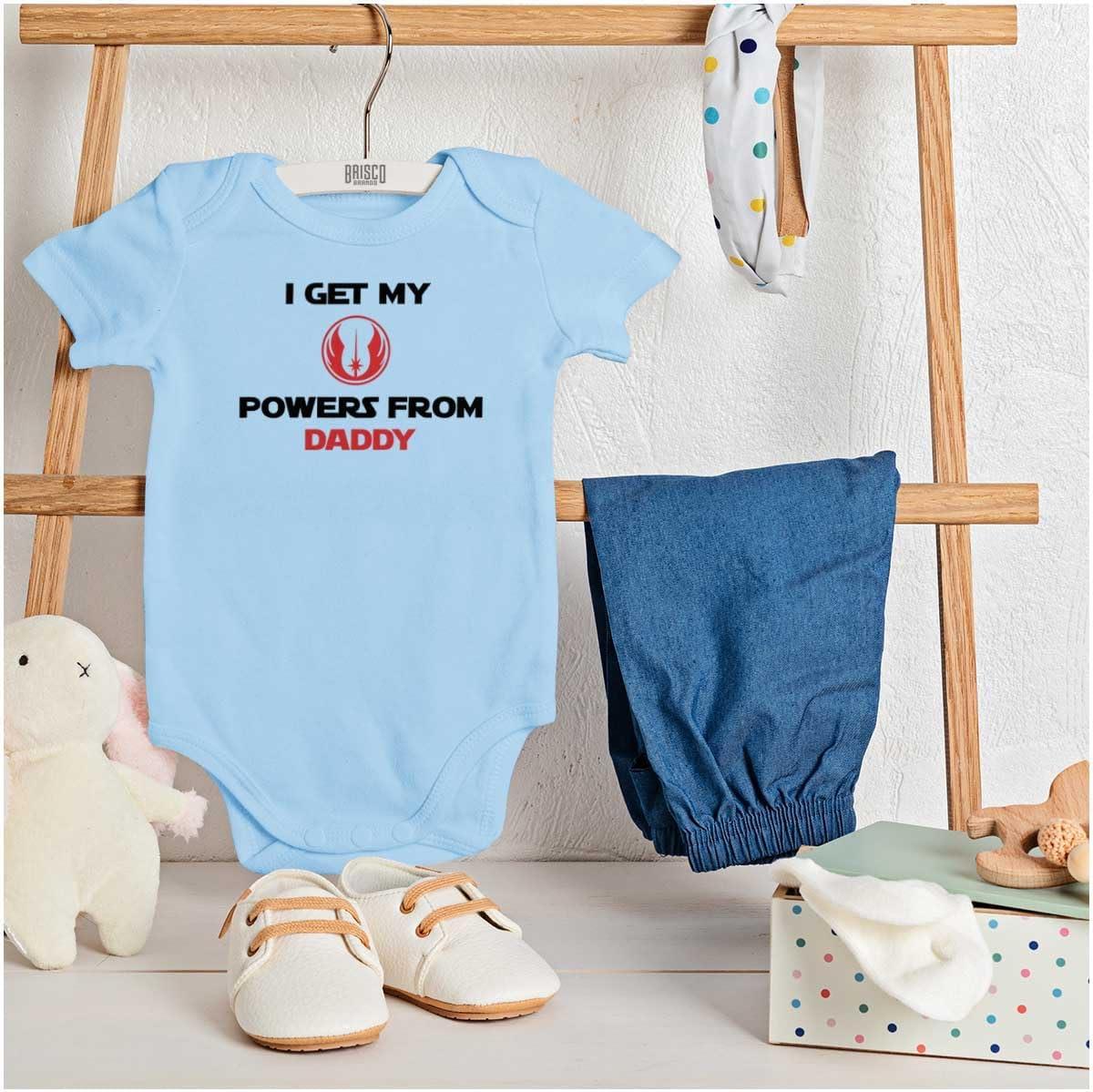 imageBrisco Brands Get Powers From My Daddy Dark Galaxy Baby Romper Boys or GirlsLight Blue