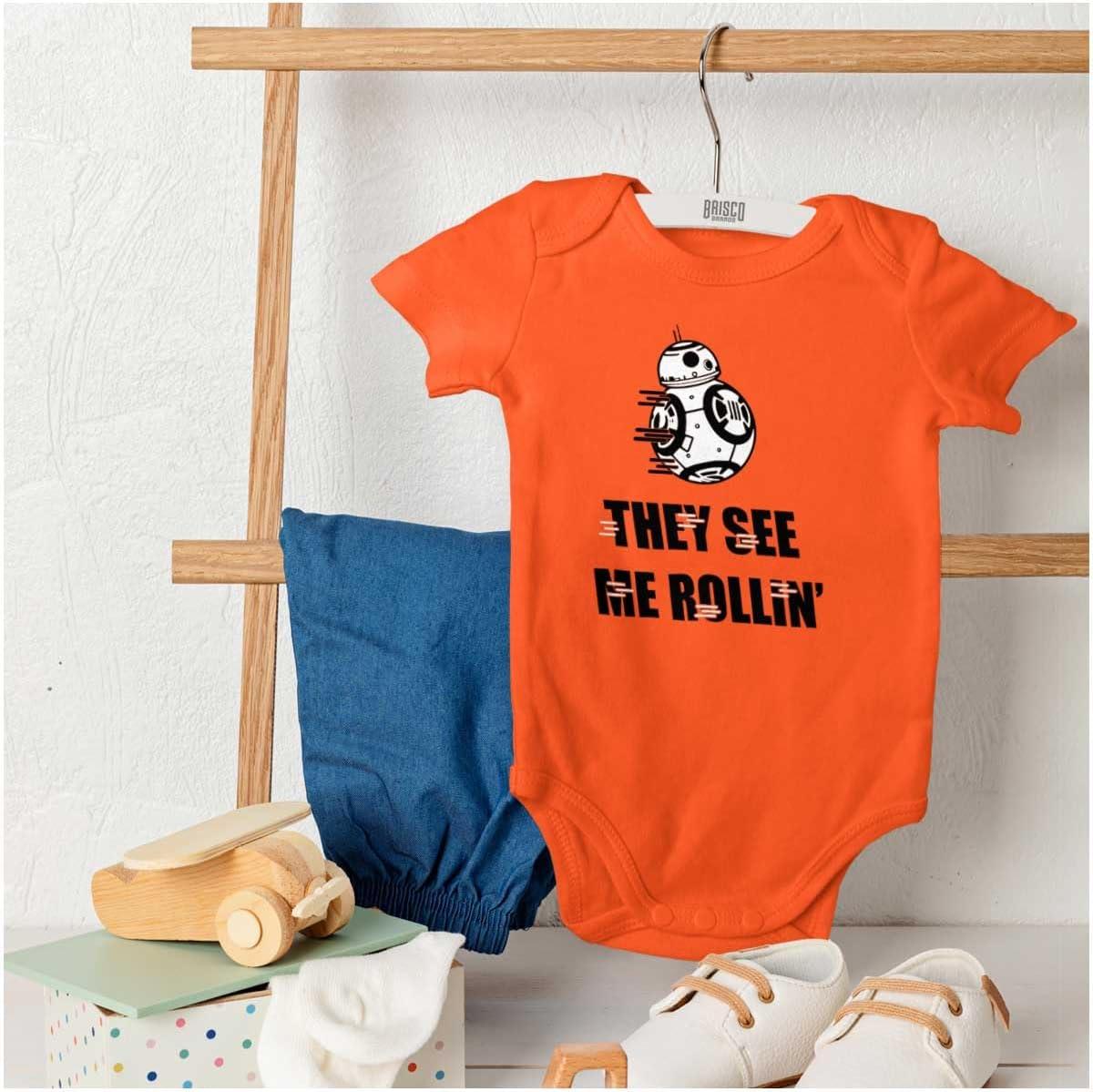 imageBrisco Brands They See Me Rollin Space Robot Galaxy Baby Romper Boys or GirlsOrange