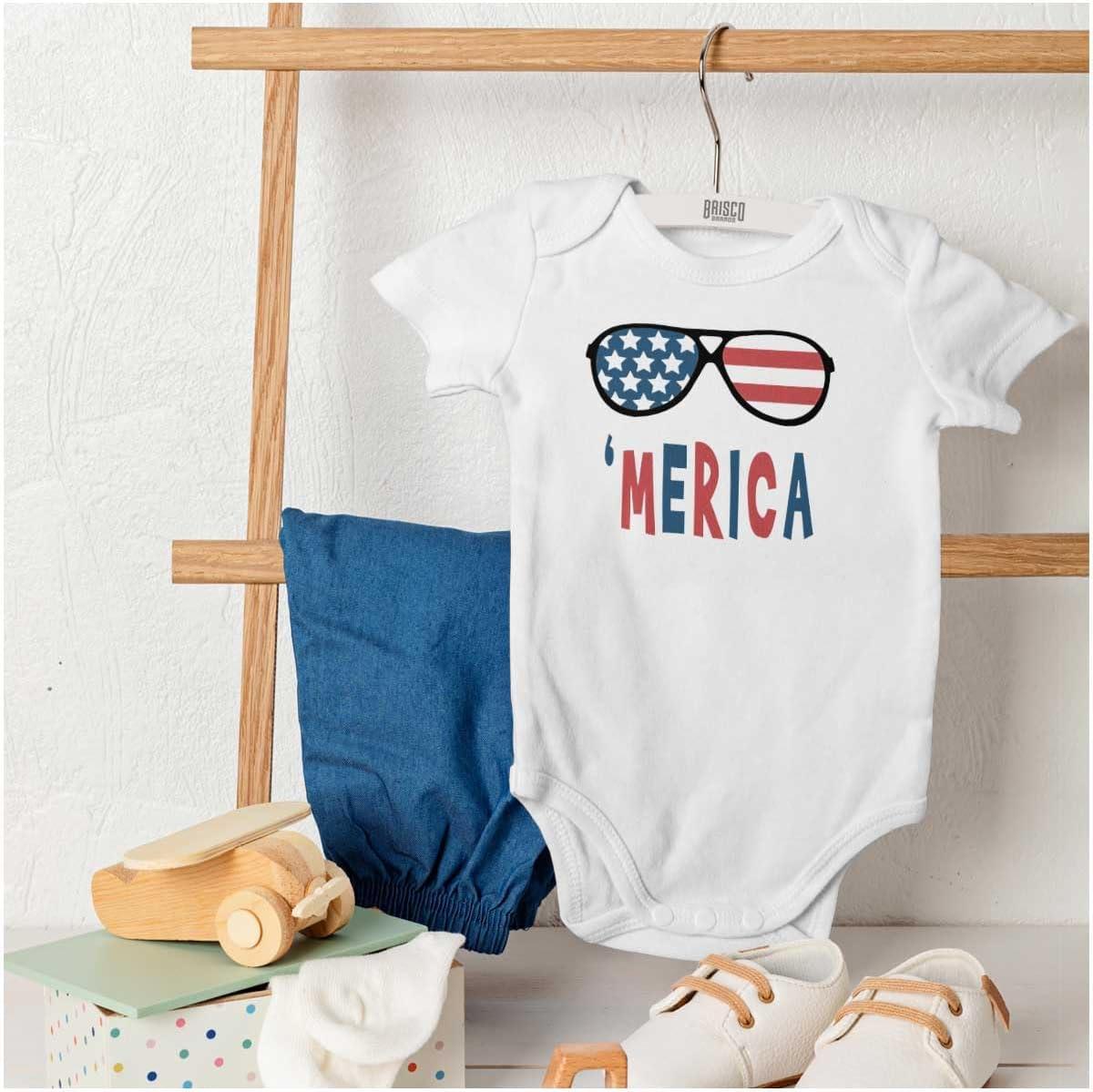 imageBrisco Brands Funny American Flag Glasses 4th July Baby Romper Boys or GirlsWhite