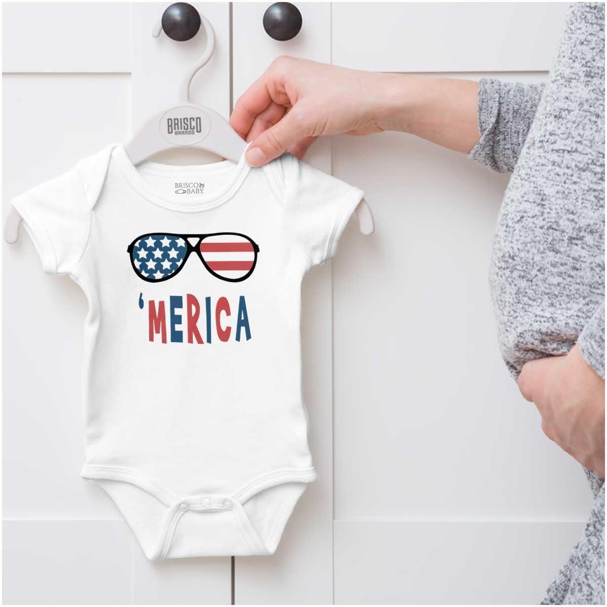 imageBrisco Brands Funny American Flag Glasses 4th July Baby Romper Boys or GirlsWhite