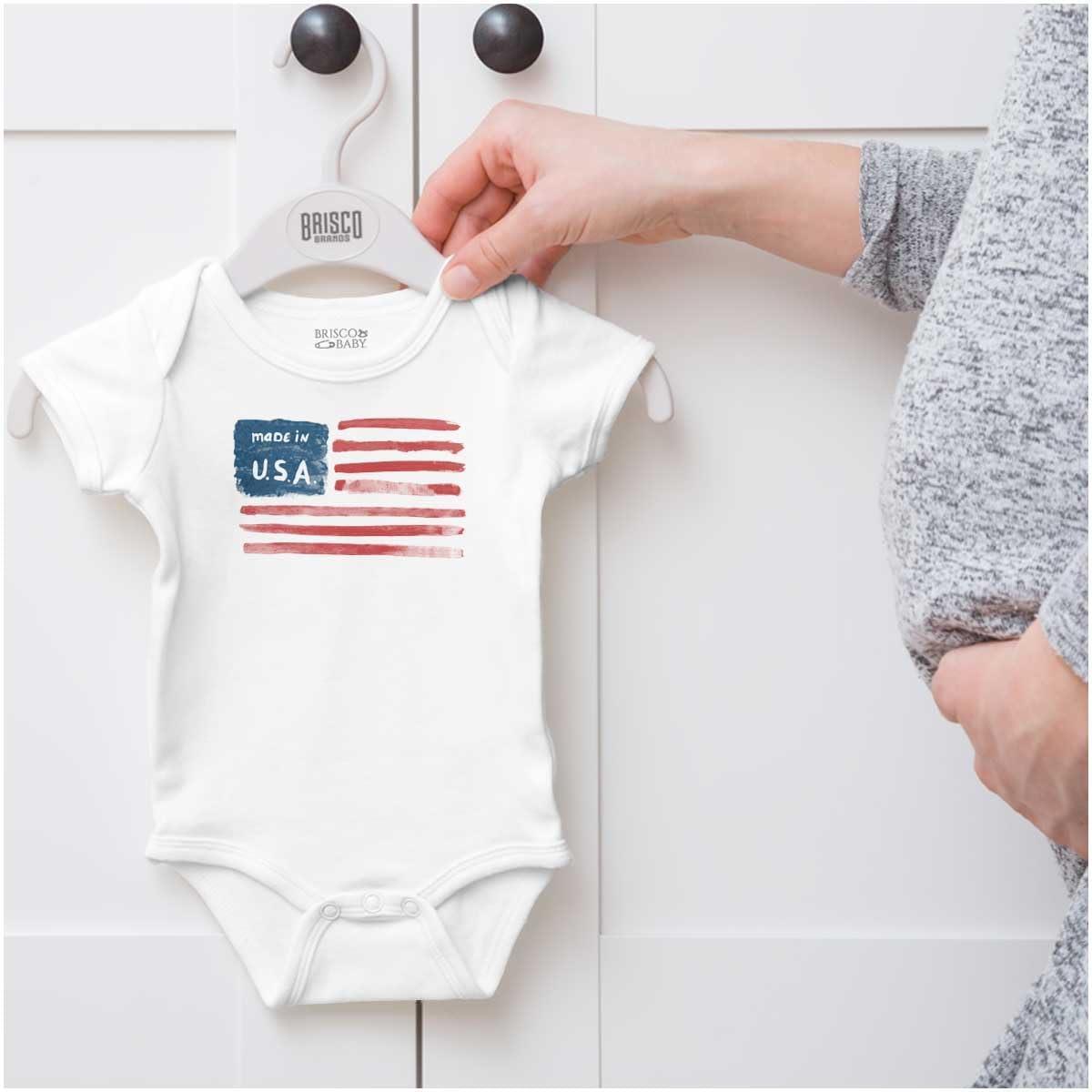 imageBrisco Brands Made in USA County Map American Flag Baby Romper Boys or GirlsWhite