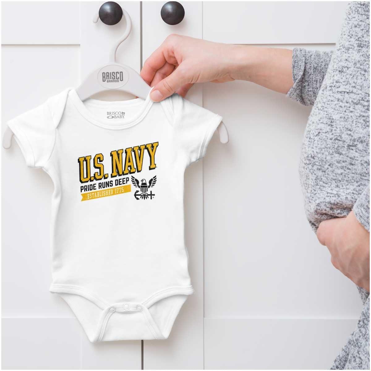 imageBrisco Brands US Navy Logo Pride Runs Deep Est 1775 Baby Romper Boys or GirlsWhite