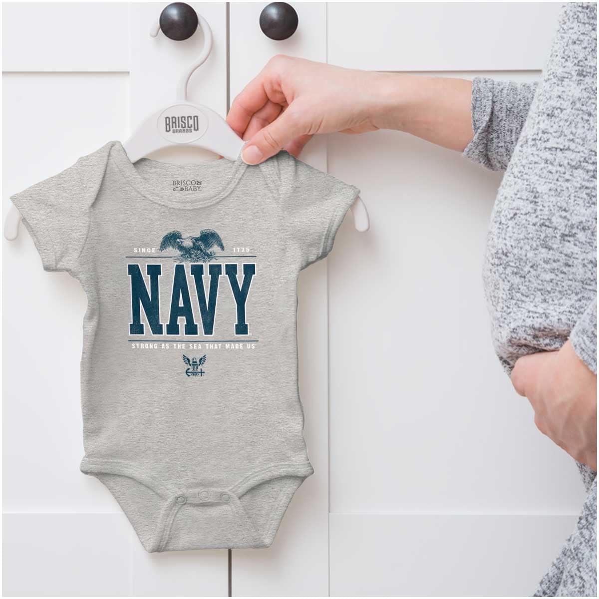 imageBrisco Brands US Navy Strong As Sea That Made Us Baby Romper Boys or GirlsHeather
