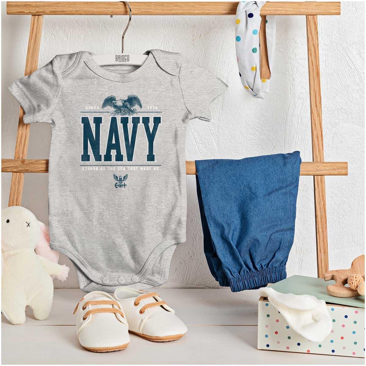 imageBrisco Brands US Navy Strong As Sea That Made Us Baby Romper Boys or GirlsHeather