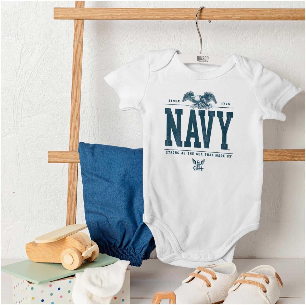 imageBrisco Brands US Navy Strong As Sea That Made Us Baby Romper Boys or GirlsWhite